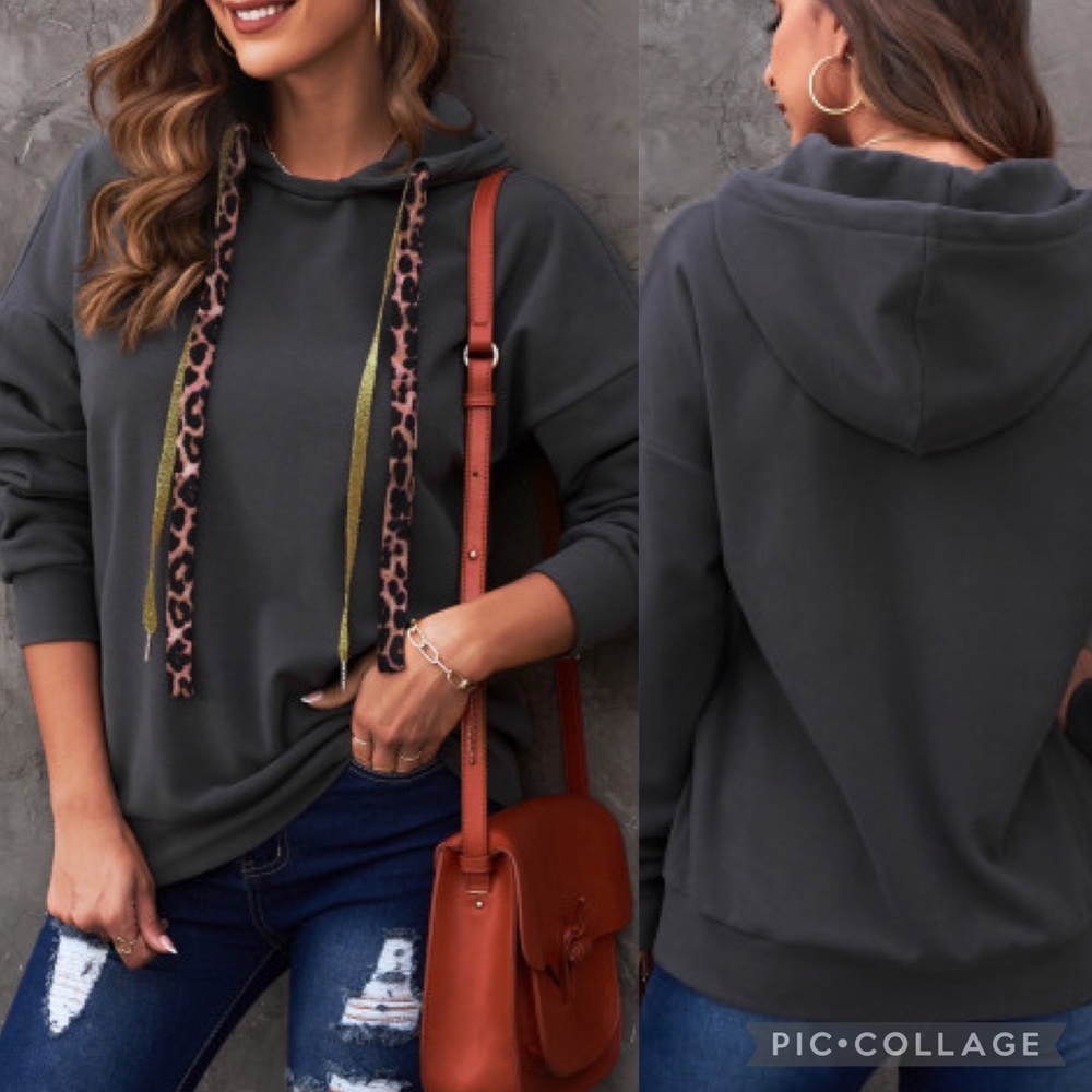 Black Leopard Print Drawstring Drop-Shoulder Hood… - image 1